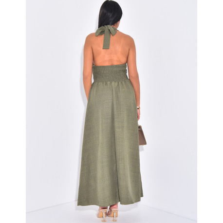 Linen-effect halter dress with gold trim