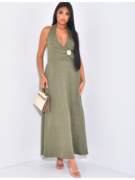 Linen-effect halter dress with gold trim