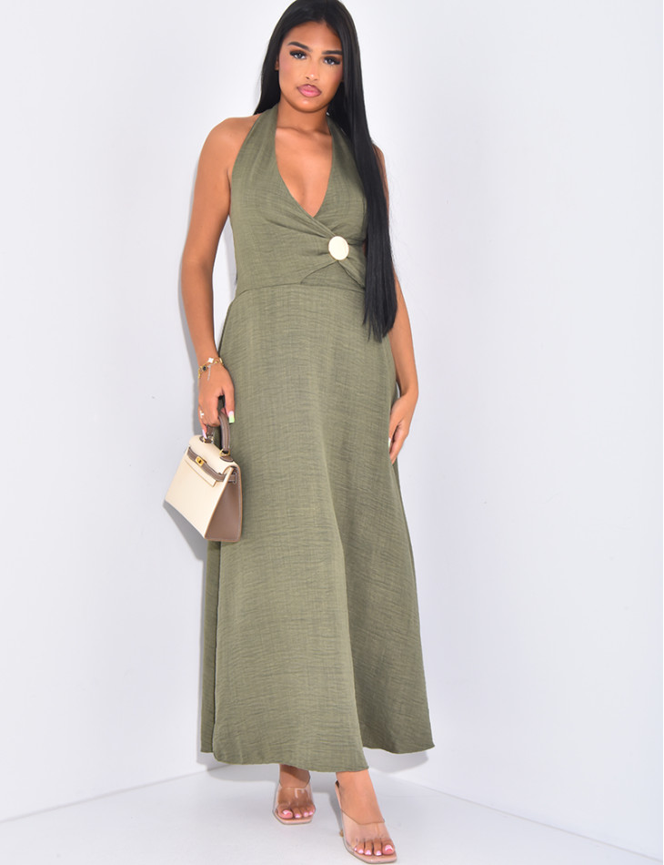 Linen-effect halter dress with gold trim