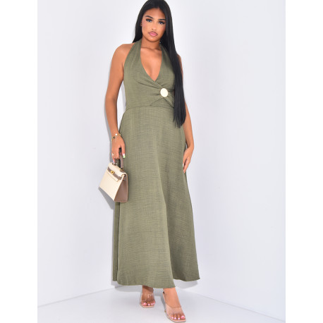 Linen-effect halter dress with gold trim