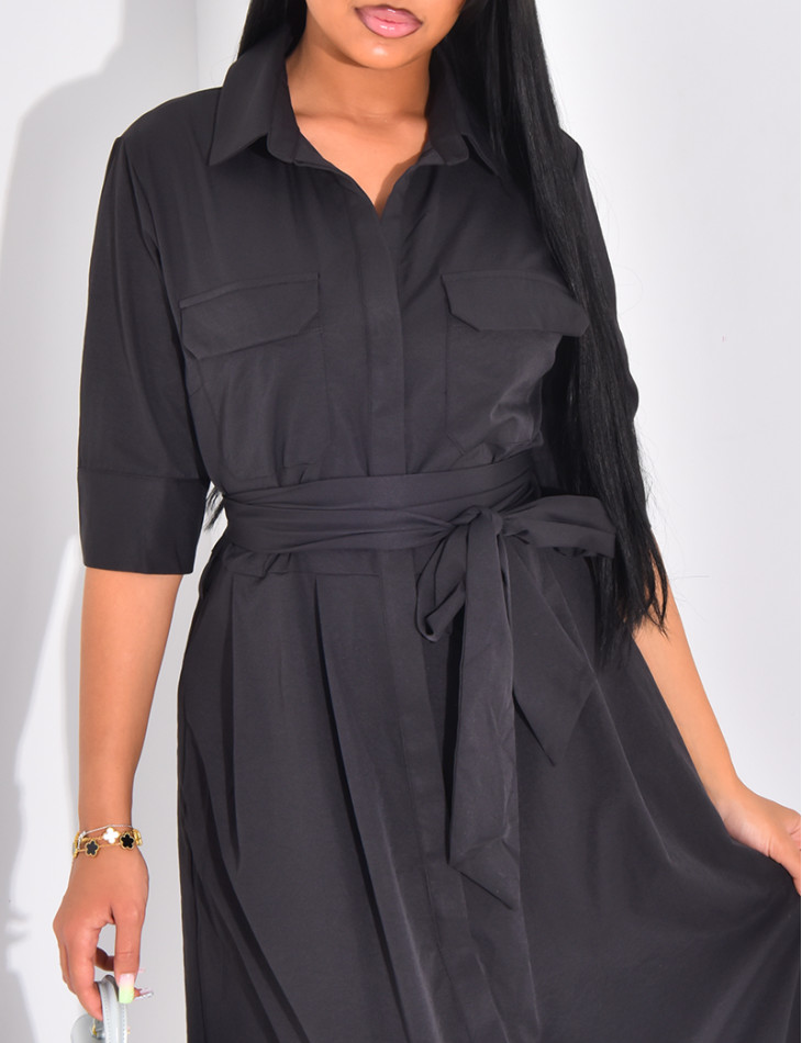 Long shirt dress with tie belt