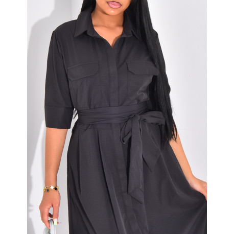 Long shirt dress with tie belt