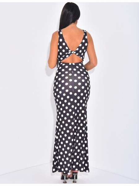 Langes, tief ausgeschnittenes Kleid mit Pünktchenmuster