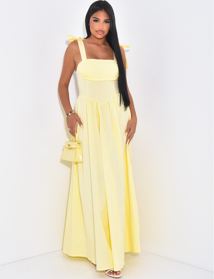 Corset-effect long dress with bows on the shoulders