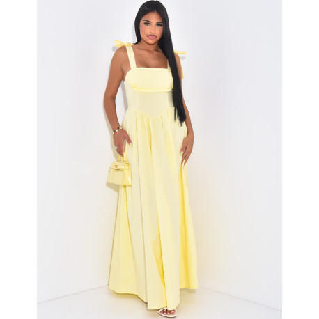 Corset-effect long dress with bows on the shoulders