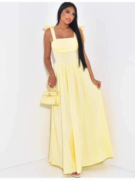 Corset-effect long dress with bows on the shoulders