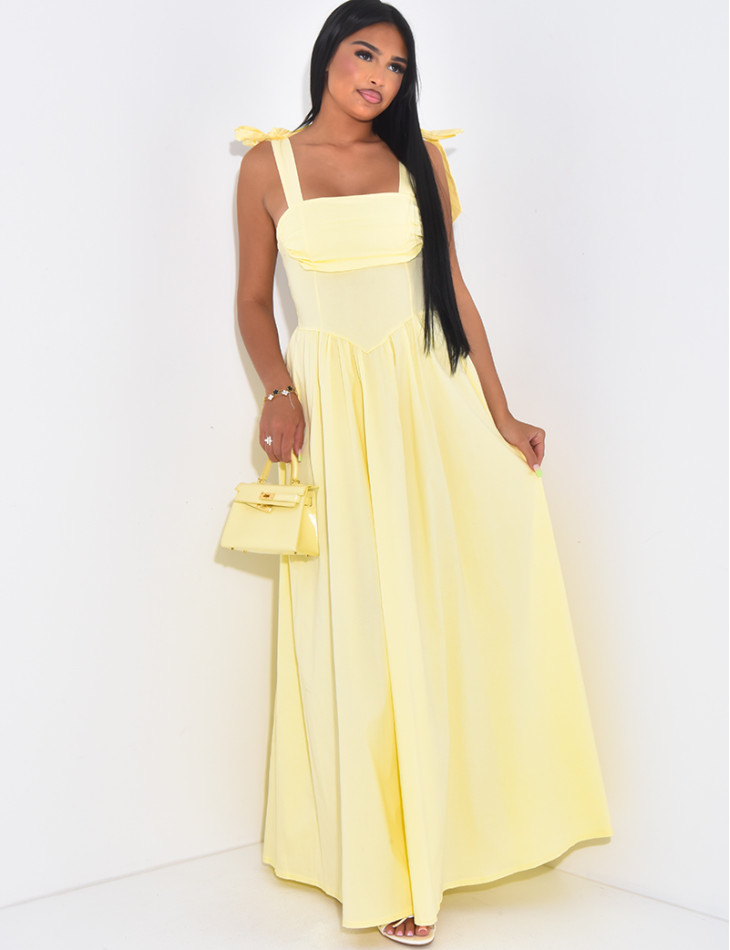 Corset-effect long dress with bows on the shoulders