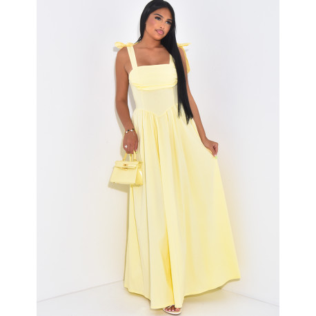 Corset-effect long dress with bows on the shoulders