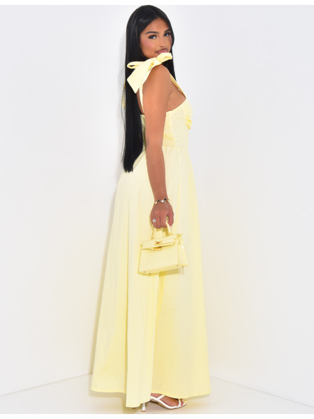 Corset-effect long dress with bows on the shoulders