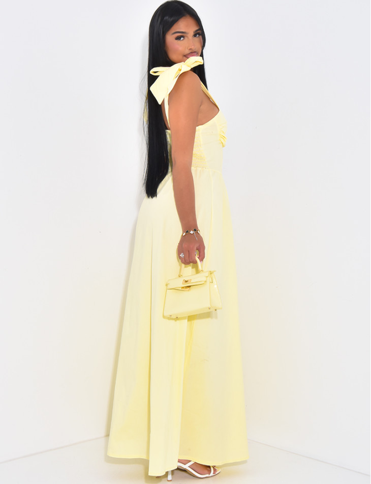 Corset-effect long dress with bows on the shoulders