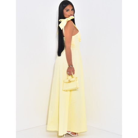 Corset-effect long dress with bows on the shoulders