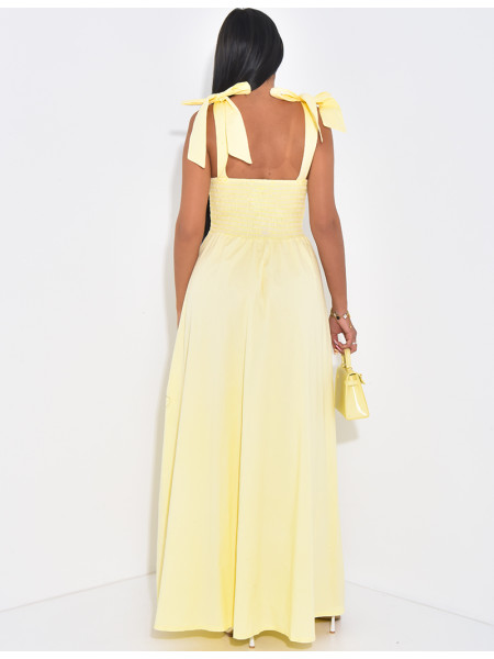 Corset-effect long dress with bows on the shoulders