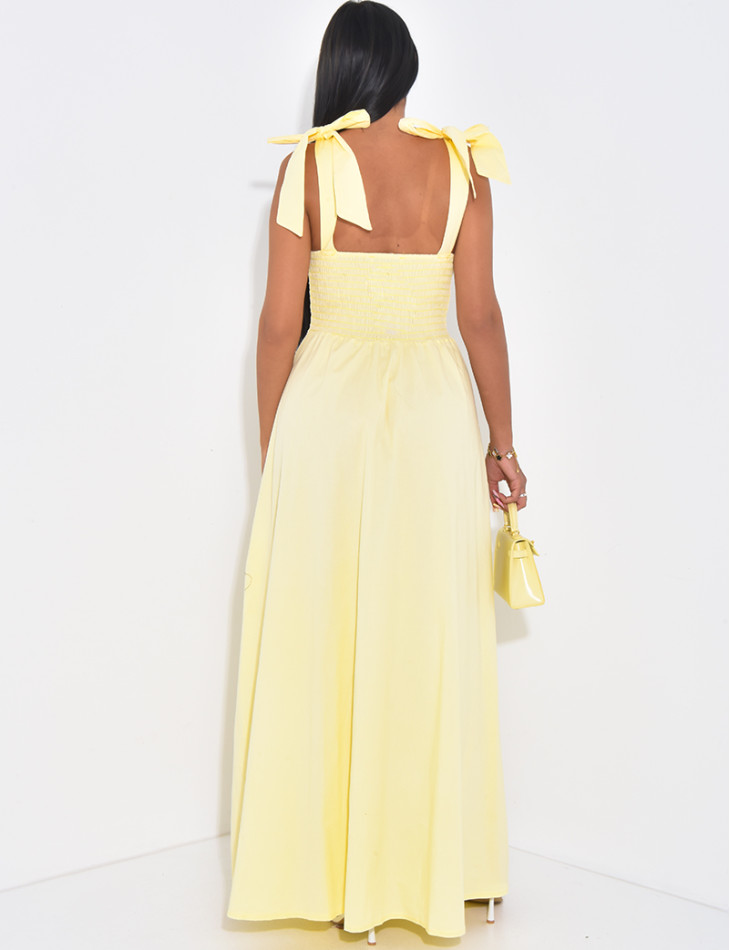 Corset-effect long dress with bows on the shoulders