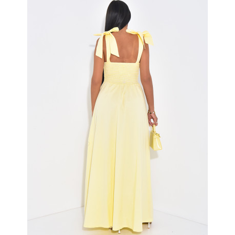 Corset-effect long dress with bows on the shoulders