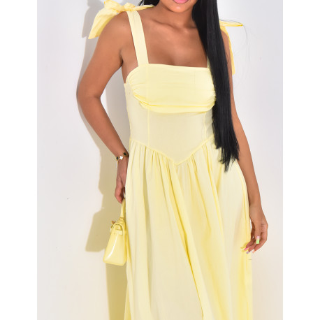 Corset-effect long dress with bows on the shoulders