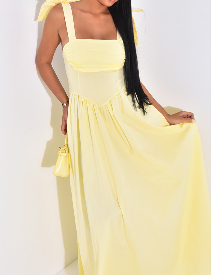 Corset-effect long dress with bows on the shoulders