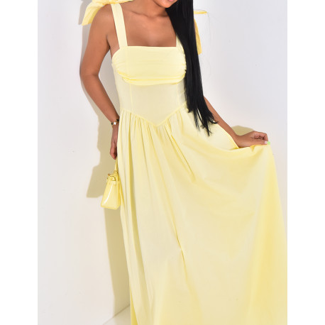 Corset-effect long dress with bows on the shoulders
