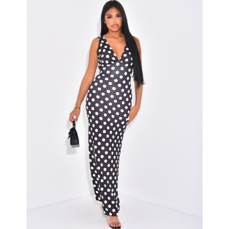 Langes, tief ausgeschnittenes Kleid mit Pünktchenmuster