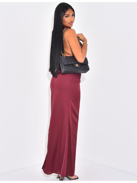 Robe longue moulante en satin effet froncé et dos nu