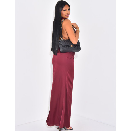 Robe longue moulante en satin effet froncé et dos nu