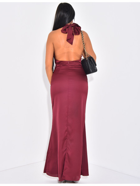 Robe longue moulante en satin effet froncé et dos nu