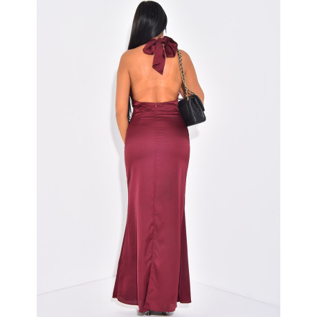 Robe longue moulante en satin effet froncé et dos nu