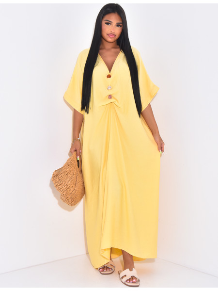 Langes, locker sitzendes Kleid in Leinenoptik mit Perlenkragen