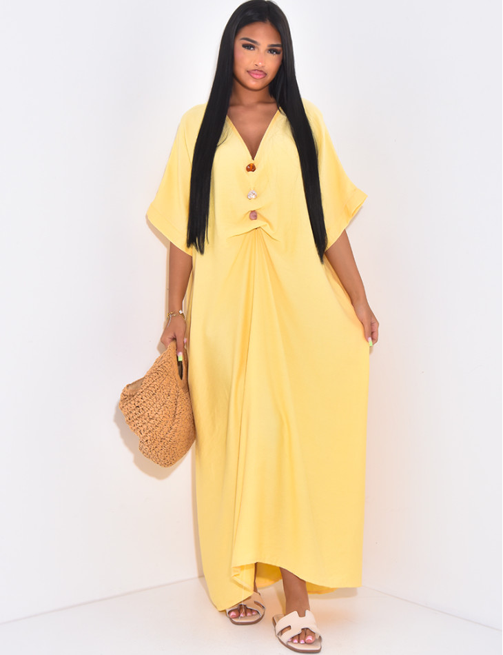 Langes, locker sitzendes Kleid in Leinenoptik mit Perlenkragen