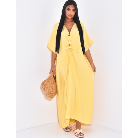 Langes, locker sitzendes Kleid in Leinenoptik mit Perlenkragen