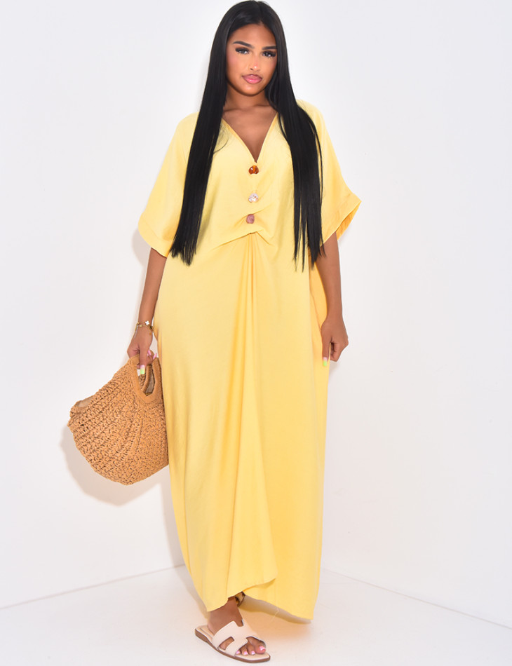 Long, loose-fitting linen-effect dress with beaded collar