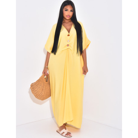 Long, loose-fitting linen-effect dress with beaded collar