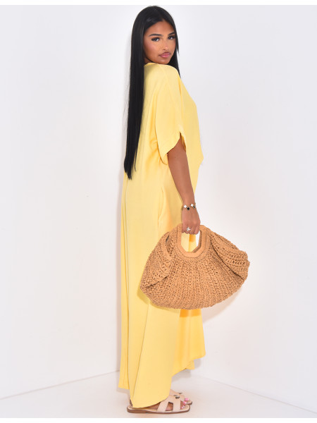 Langes, locker sitzendes Kleid in Leinenoptik mit Perlenkragen