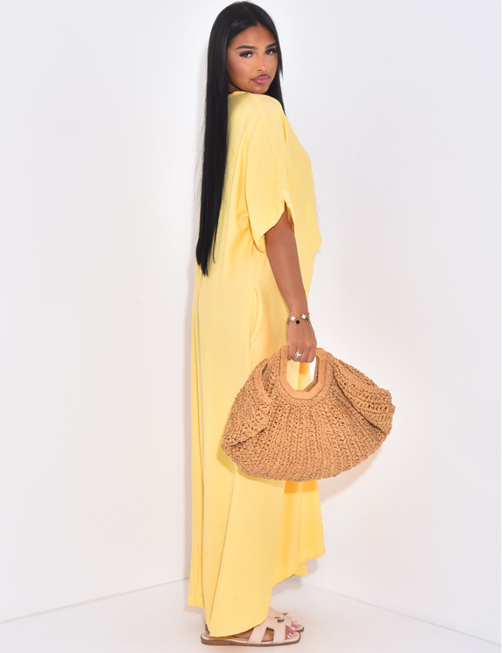 Langes, locker sitzendes Kleid in Leinenoptik mit Perlenkragen