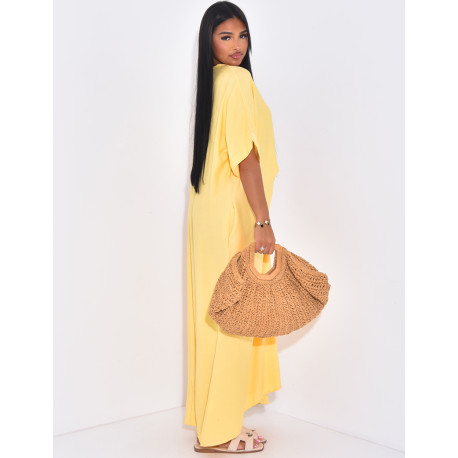 Langes, locker sitzendes Kleid in Leinenoptik mit Perlenkragen