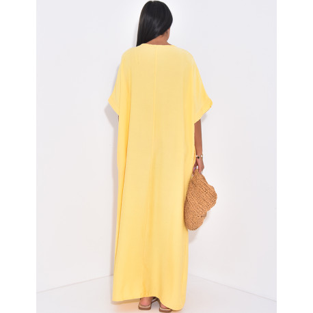 Langes, locker sitzendes Kleid in Leinenoptik mit Perlenkragen