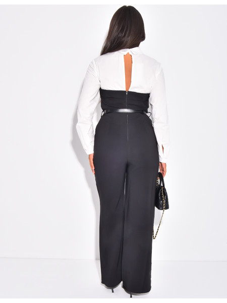 Combinaison bustier à empiècement chemise et ceinture assortie