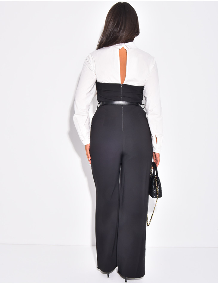 Combinaison bustier à empiècement chemise et ceinture assortie