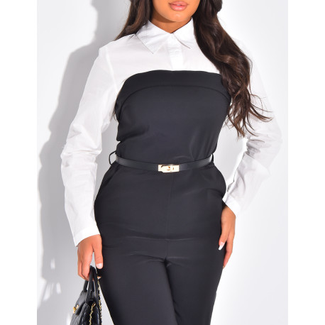 Combinaison bustier à empiècement chemise et ceinture assortie