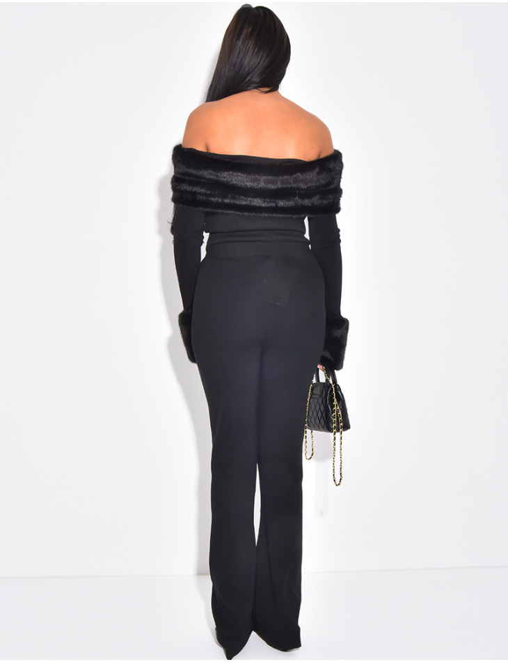 Set aus Hose und Pullover mit U-Boot-Ausschnitt und Pelzbesatz