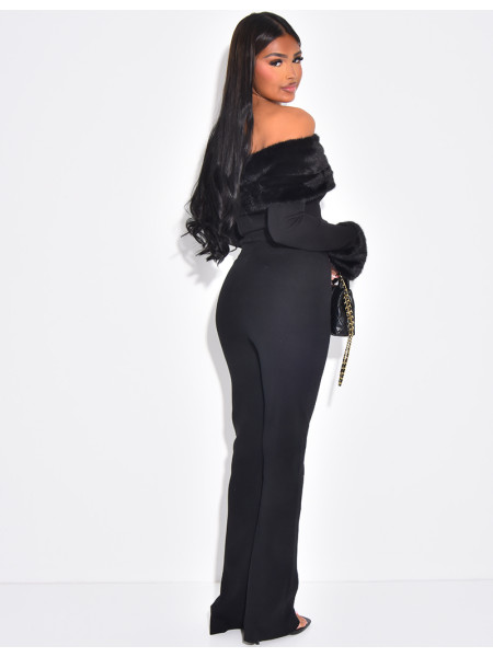 Set aus Hose und Pullover mit U-Boot-Ausschnitt und Pelzbesatz