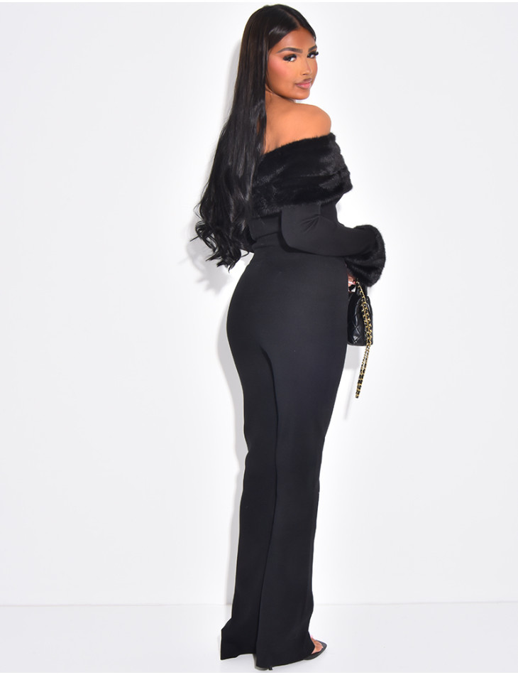 Set aus Hose und Pullover mit U-Boot-Ausschnitt und Pelzbesatz