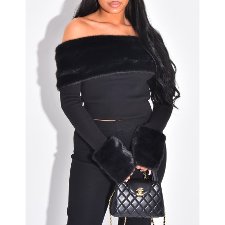 Set aus Hose und Pullover mit U-Boot-Ausschnitt und Pelzbesatz