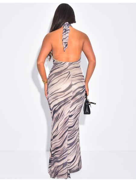 Robe dos nu en mesh imprimé effet froncé