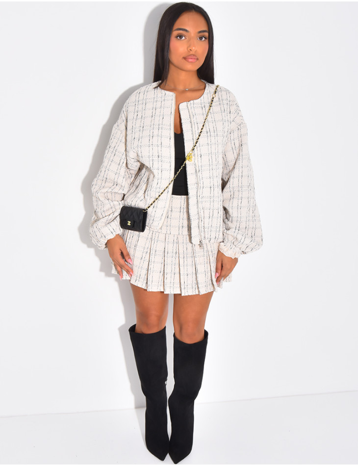 Short pleated tweed skirt with check pattern