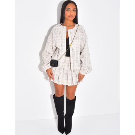 Short pleated tweed skirt with check pattern