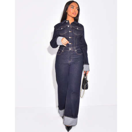 Combinaison cintrée en jeans à revers aux manches et chevilles