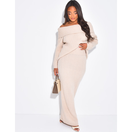 Wool boat neck jumper and long skirt set