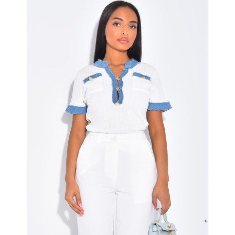 Short-sleeved ribbed top with denim inserts