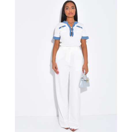 Short-sleeved ribbed top with denim inserts