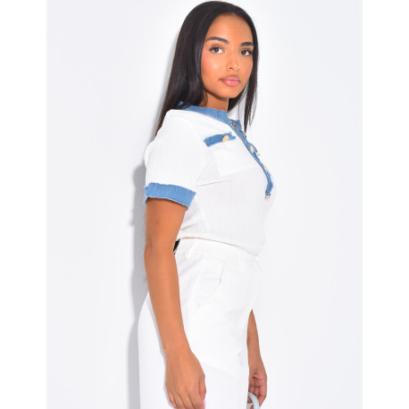 Short-sleeved ribbed top with denim inserts
